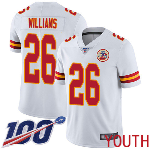 Youth Kansas City Chiefs #26 Williams Damien White Vapor Untouchable Limited Player 100th Season Football Nike NFL Jersey